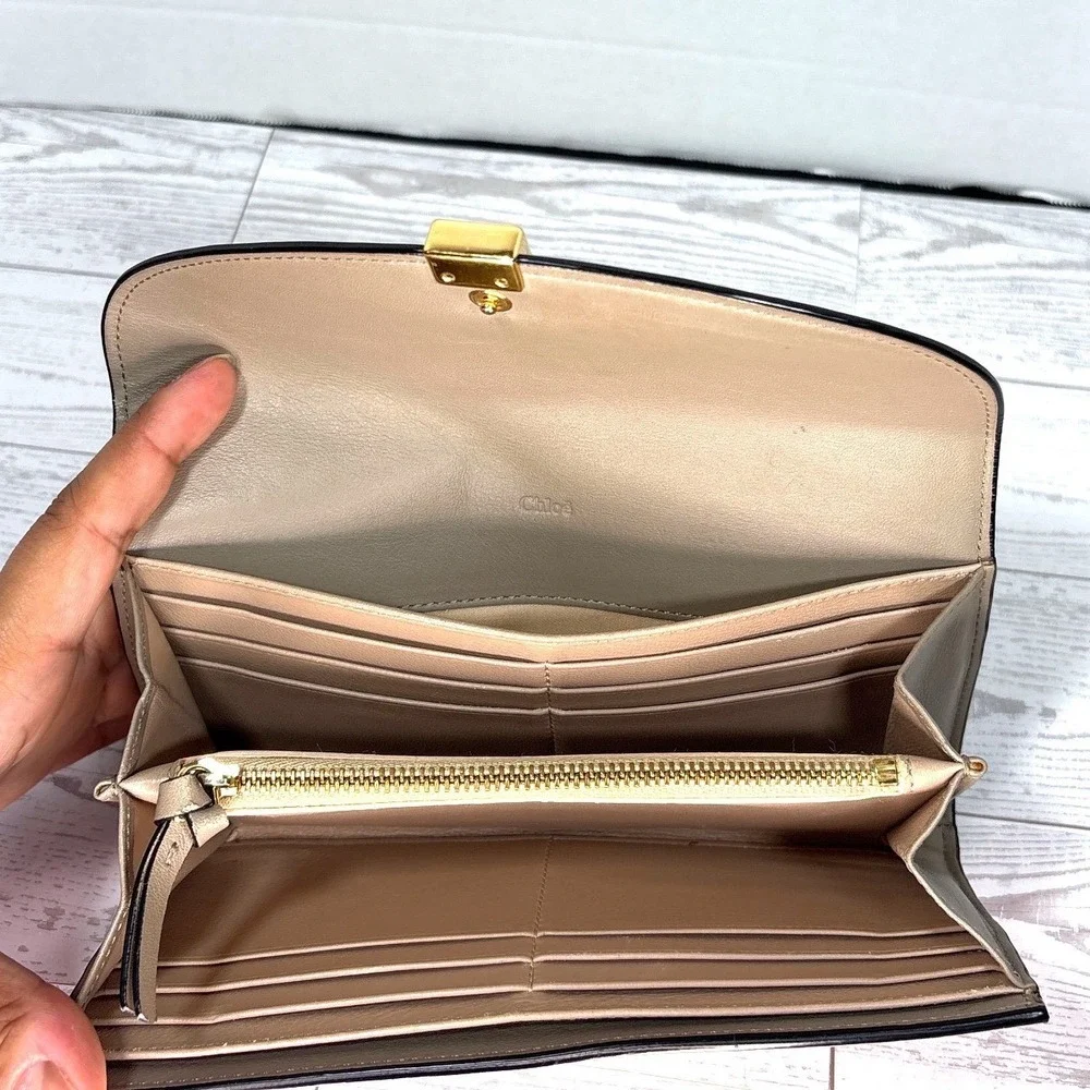 Chloe‎ Leather Wallet Clutch Taupe Gold Hardware Foldover Double Flap